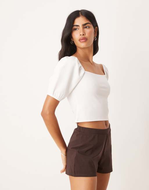 ASOS DESIGN bardot puff sleeve top in cream