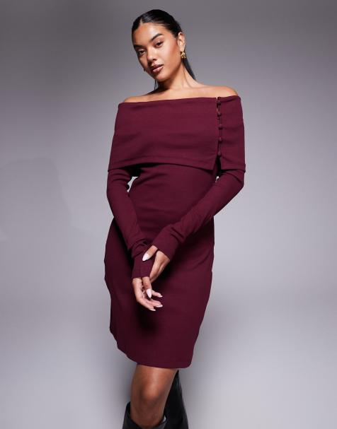 ASOS DESIGN bardot rib mini dress with button detail in burgundy - view 1