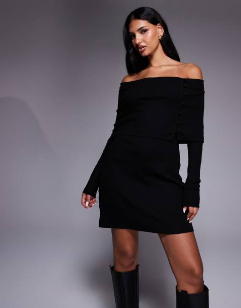 ASOS DESIGN bardot rib mini dress with button detail&nbsp;in black
