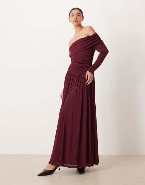 ASOS DESIGN bardot ruched dropped hem midi dress in plum - view 1