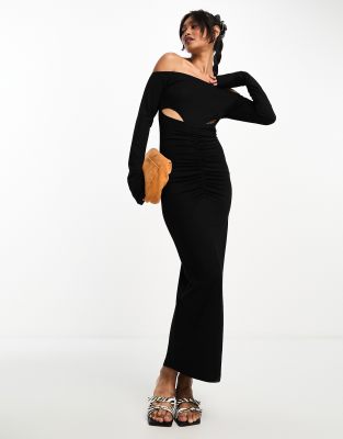 Asos Design Bardot Ruched Front Cut Out Long Sleeve Midi Dress In Black