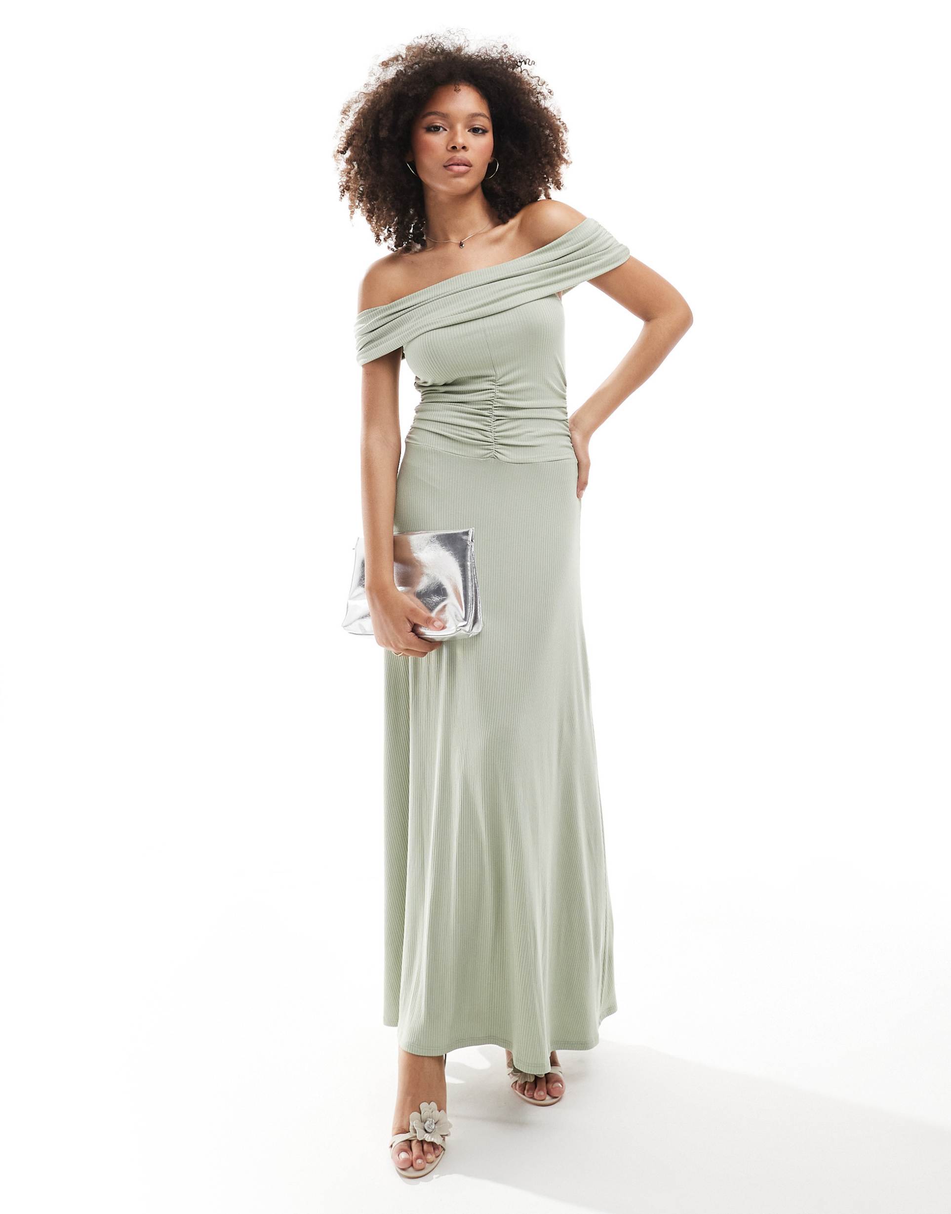 asos design bardot ruched maxi dress in sage green