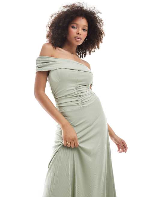 ASOS DESIGN bardot ruched maxi dress in sage green ASOS