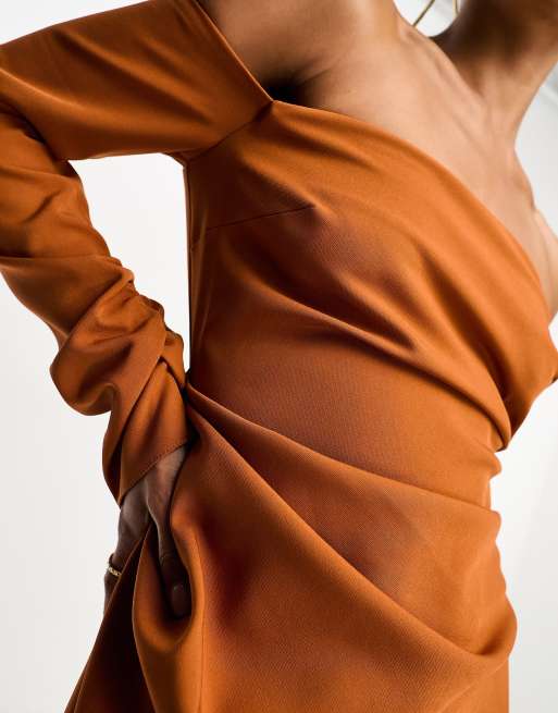 orange ribbed long sleeve bardot ruched bodycon dress ASOS DESIGN bardot ruched sleeve midaxi dress in rust