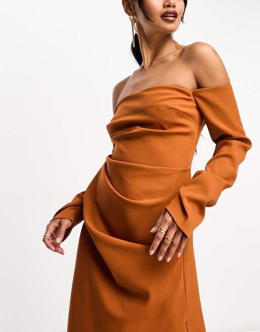 Rust bardot clearance dress