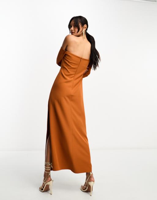 ASOS DESIGN bardot ruched sleeve midaxi dress in rust