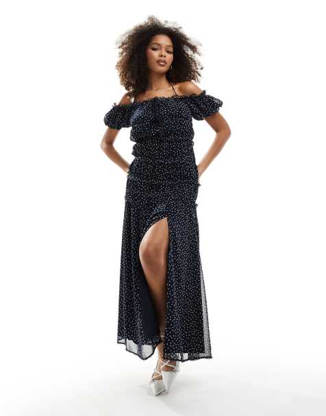 ASOS DESIGN bardot ruched waist maxi dress in polka dot - view 1