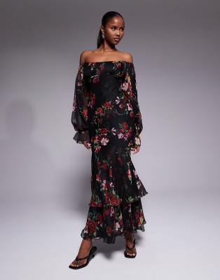 ASOS DESIGN bardot ruffle maxi dress with tiered godets and blouson sleeves in floral print