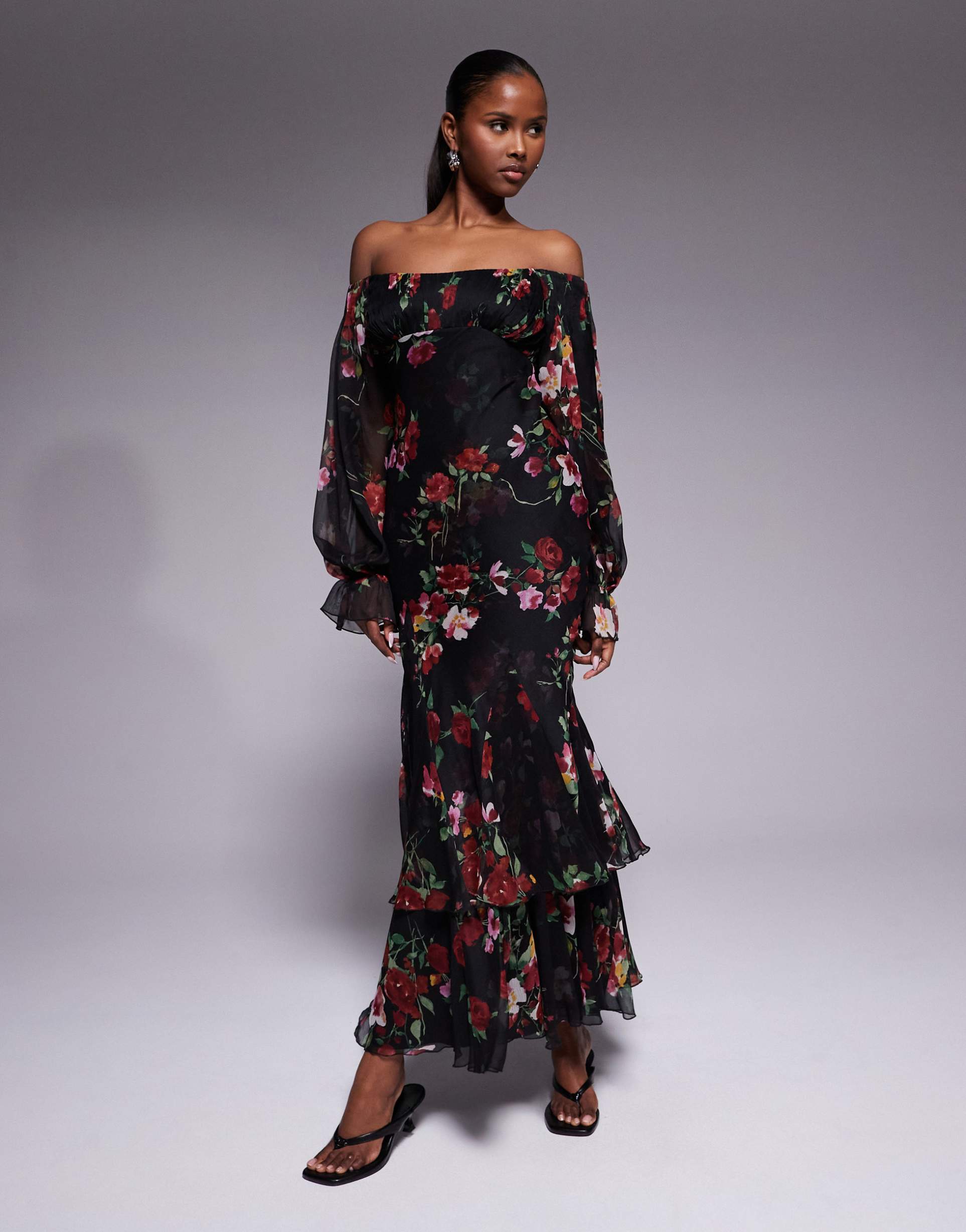 asos design bardot ruffle maxi dress with tiered godets and blouson sleeves in floral print