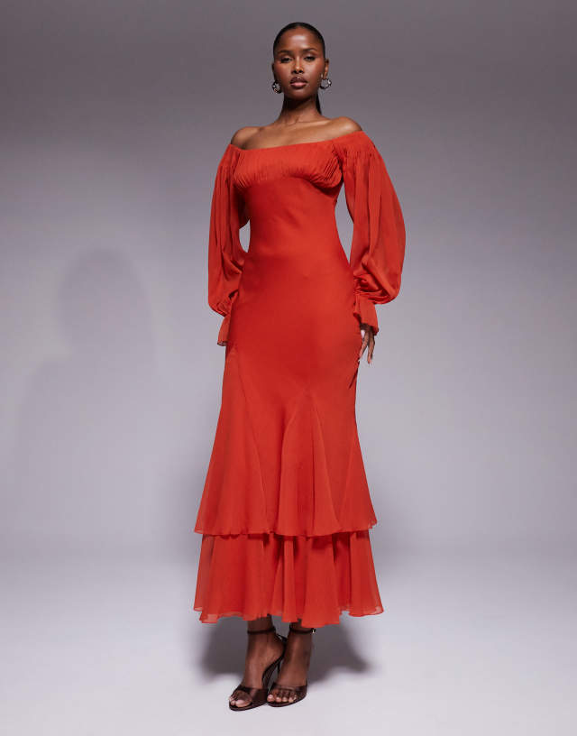 red chiffon bardot ruffle tiered dress ASOS DESIGN maxi with godets and blouson sleeves in Slate Blue Color:As Picture(Light Blue) Spaghetti Strap Slit Drawstring Maxi dress making it an essential