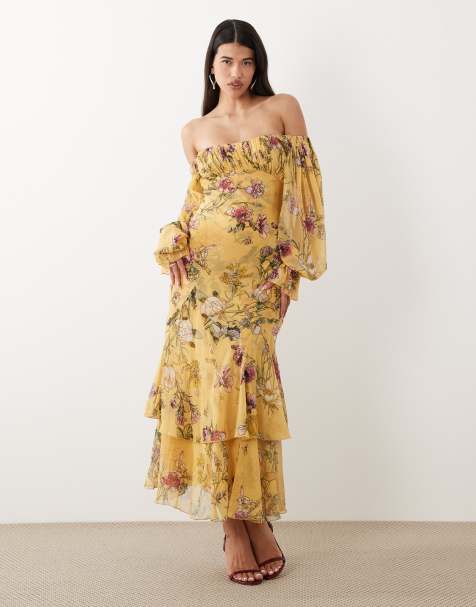 ASOS DESIGN bardot ruffle maxi dress with tiered godets and blouson sleeves in yellow floral - view 1