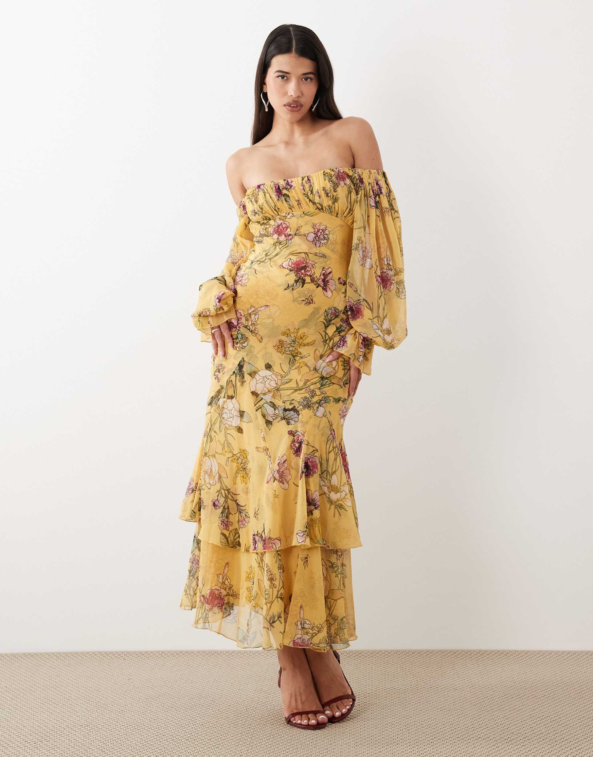 asos design bardot ruffle maxi dress with tiered godets and blouson sleeves in yellow floral