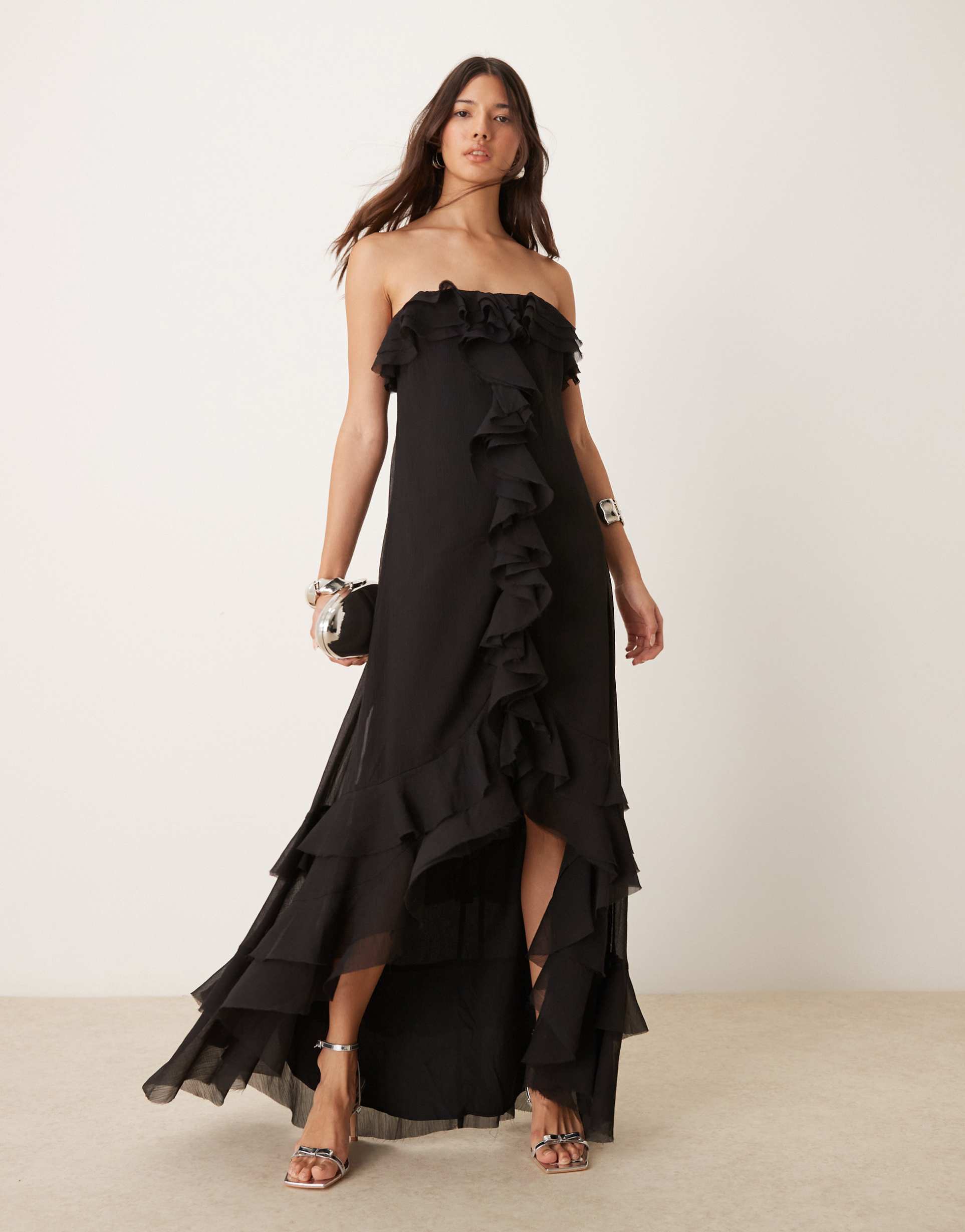 asos design bardot ruffle off shoulder maxi dress in black