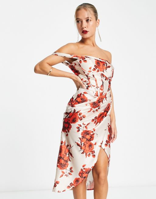 ASOS DESIGN bardot satin corset wrap midi dress in rose print