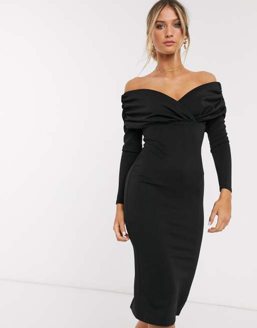 ASOS DESIGN - Bardot scuba-midikjole med lange ærmer og rynket side i sort