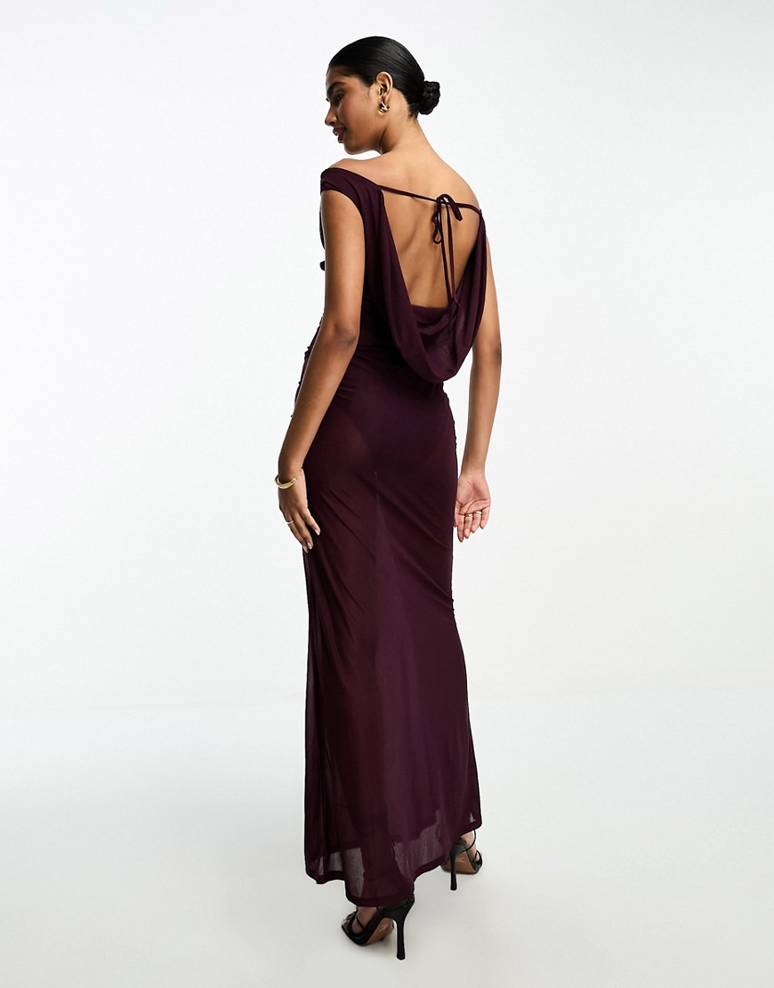 ASOS DESIGN bardot sheer maxi dress with cowl back in plum-Purple