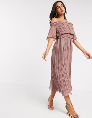 shirred bardot midi dress