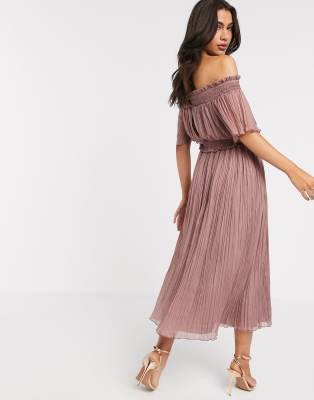 shirred bardot midi dress