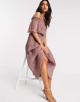 shirred bardot midi dress