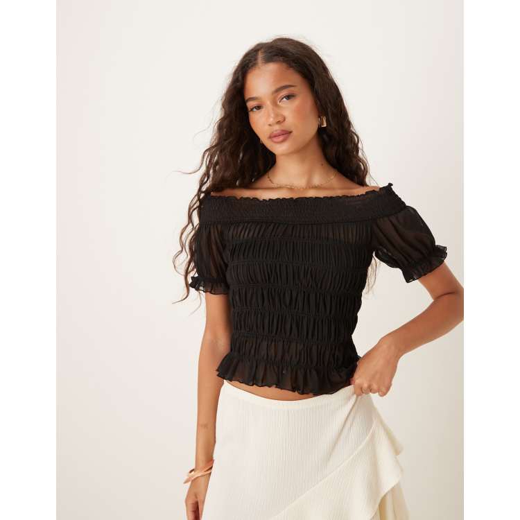 ASOS DESIGN bardot shirred short sleeve top in black | ASOS
