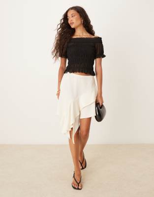 Asos Design Bardot Shirred Short Sleeve Top In Black