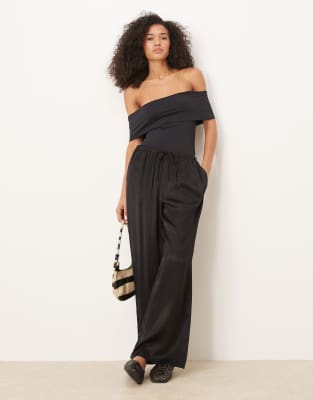 Asos Design Bardot Short Sleeve Bodysuit In Black
