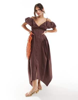 Asos Design Bardot Sleeve Button Through Midi Dress With Oversized Skirt In Brown