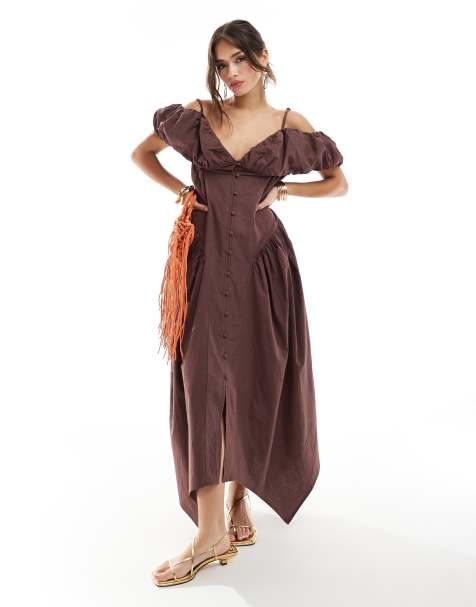 ASOS DESIGN bardot sleeve button through midi dress with oversized skirt in chocolate - view 1