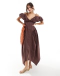 [ASOS DESIGN] ASOS DESIGN bardot sleeve button through midi dress with oversized skirt in chocolate-Brown 6 Chocolate