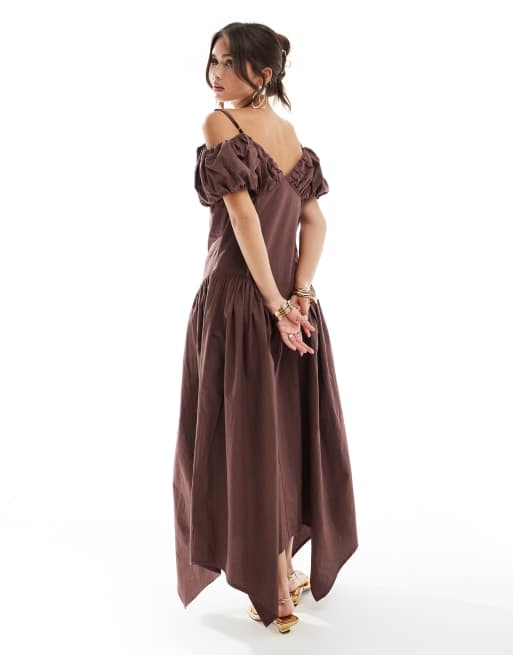 ASOS DESIGN bardot sleeve button through midi dress with oversized skirt in chocolate
