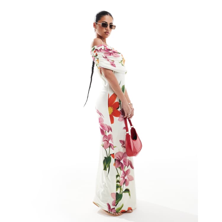 chinese dress ladies Bardot Womens Chiffon Floral Print Maxi Dress Blue 6 at Amazon Women's  Clothing store
