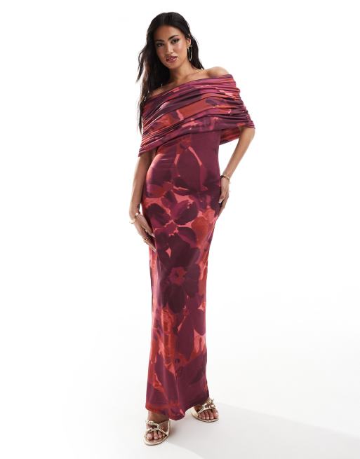 ASOS DESIGN bardot sleeveless maxi dress in oversized purple floral print, 2 of 4