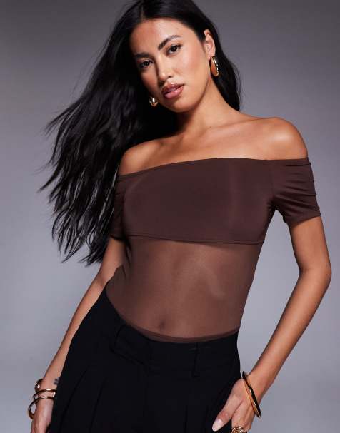ASOS DESIGN bardot slinky mesh panel bodysuit in chocolate - view 1