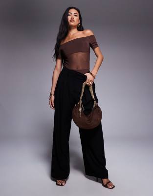 Asos Design Bardot Slinky Mesh Panel Bodysuit In Brown