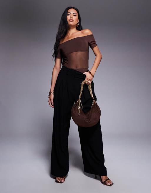 ASOS DESIGN bardot slinky mesh panel bodysuit in chocolate