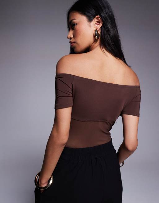 ASOS DESIGN bardot slinky mesh panel bodysuit in chocolate