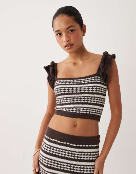 ASOS DESIGN bardot stripe frill top in chocolate and white (part of a set) - view 1