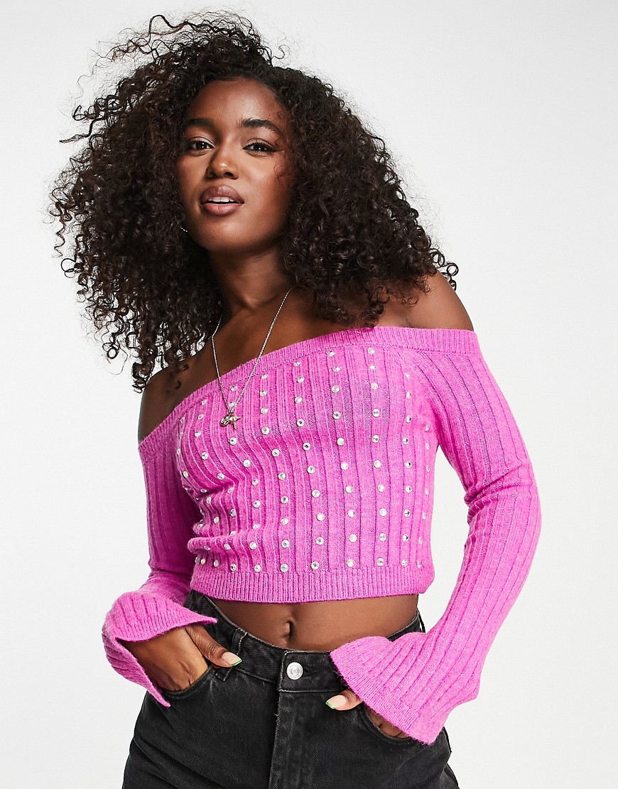 ASOS DESIGN bardot sweater with hot fix diamante detail in pink