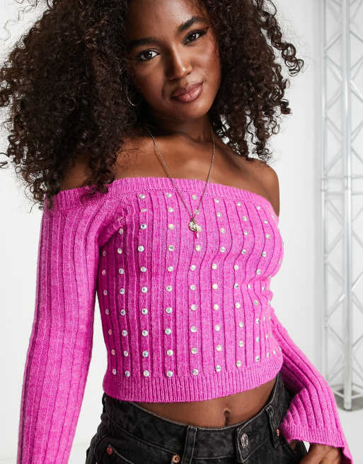 ASOS DESIGN bardot sweater with hot fix diamante detail in pink | ASOS