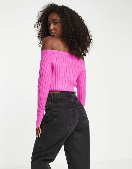 ASOS DESIGN bardot sweater with hot fix diamante detail in pink | ASOS