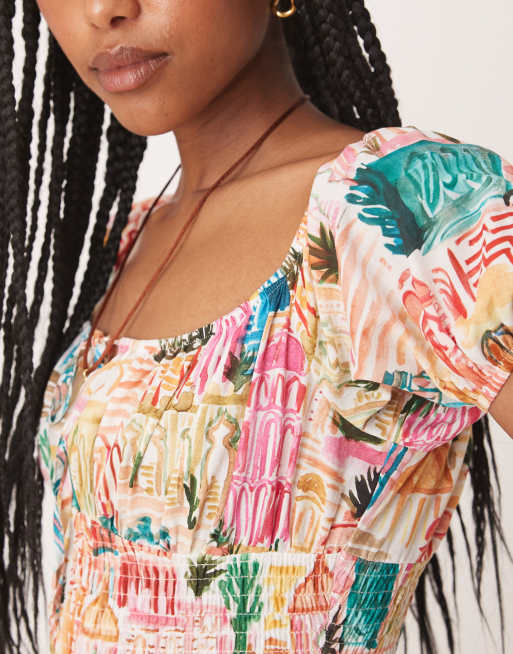 ASOS DESIGN bardot tie front shirred mini dress in floral print, 2 of 4