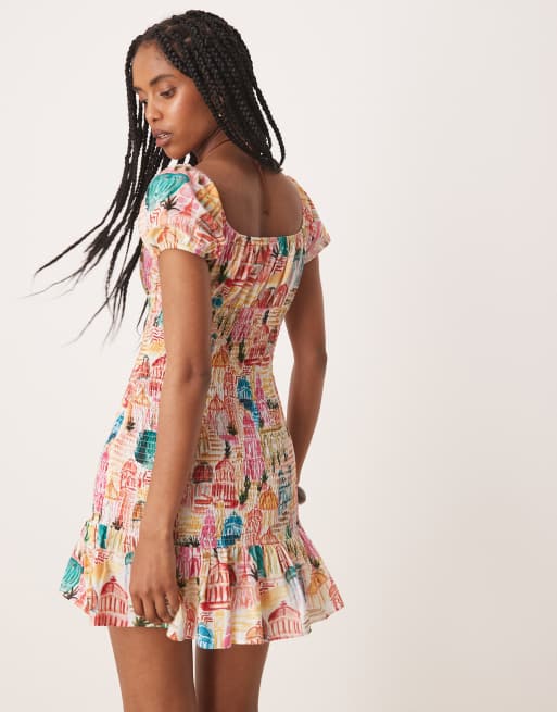 ASOS DESIGN bardot tie front shirred mini dress in floral print, 4 of 4
