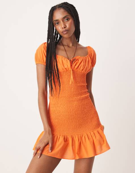 ASOS DESIGN bardot tie front shirred mini dress in orange - view 1