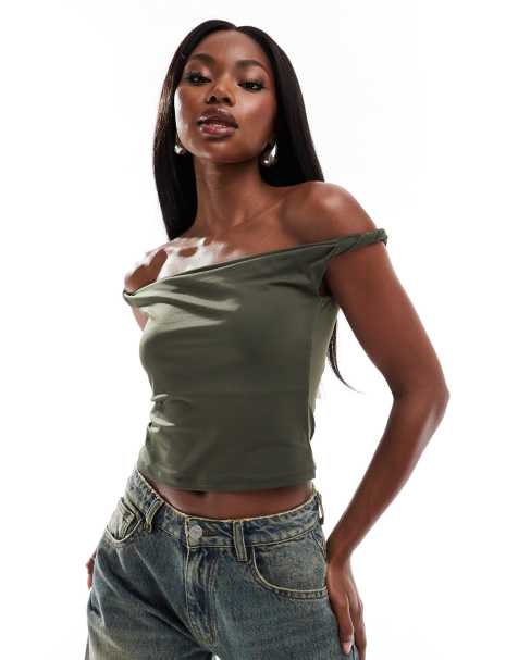 ASOS DESIGN - Bardot-top met gedraaide bandjes in kaki - view 1