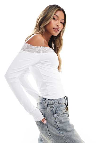 ASOS DESIGN - Bardot-top met kanten randje in ivoorwit - view 1