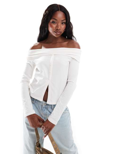 ASOS DESIGN - Bardot top met knopen in ivoor