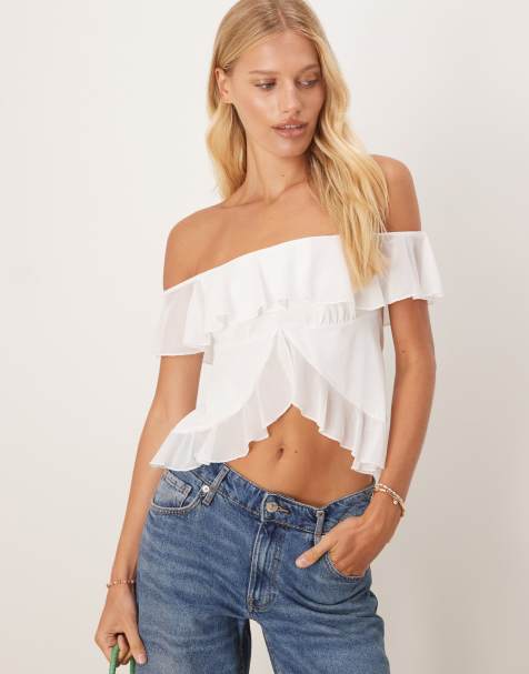 ASOS DESIGN - Bardot-top met ruches en split aan de voorkant in crème - view 1