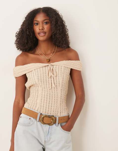 ASOS DESIGN - Bardot top met textuur en strikdetail in stone - view 1