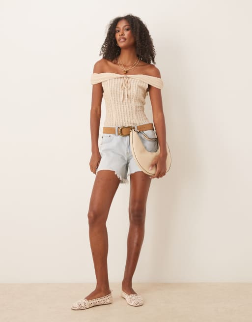 ASOS DESIGN - Bardot top met textuur en strikdetail in stone, 2 van 4