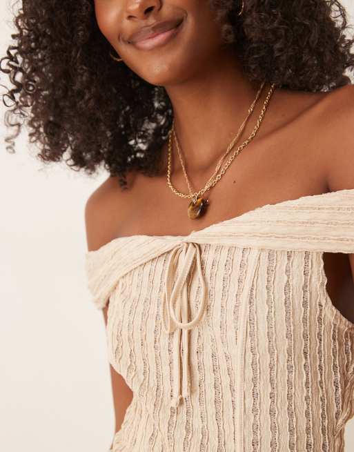 ASOS DESIGN - Bardot top met textuur en strikdetail in stone, 3 van 4